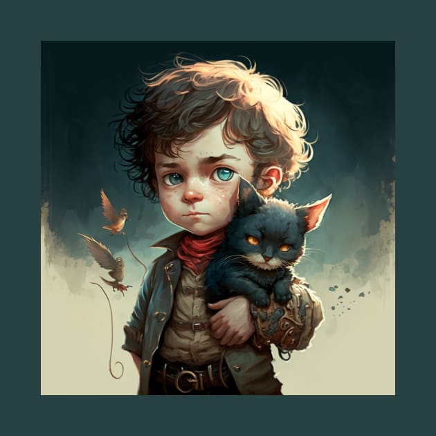 Young boy looking solemn as he holds his kitten. by Liana Campbell