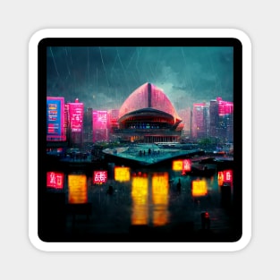 Neon District - Cyberpunk Cityscape Operahouse Magnet