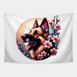 Joyful German Shepherd Dog with Spring Cherry Blossoms Tapestry