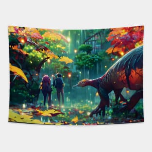 Wild Dinosaur in Fall Season Autumn Leaves of Jungle Enjoying Fall Vibes Tapestry