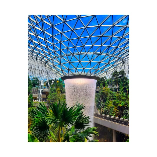 Roof waterfall and sky train track in Changi airport V by kall3bu