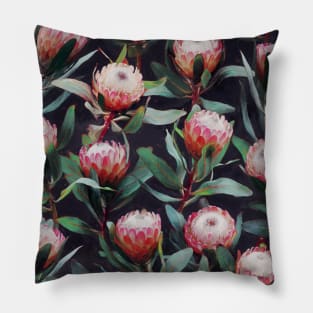 Evening Proteas - Pink on Charcoal Pillow