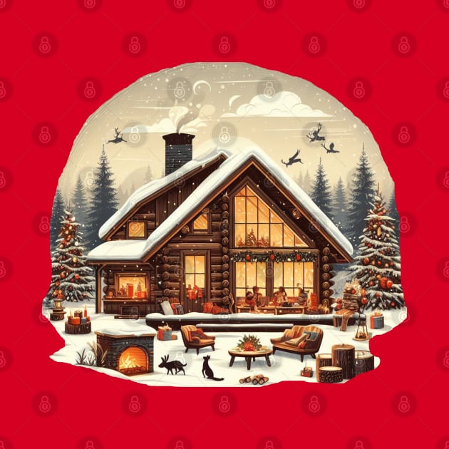 a warm and inviting cabin surrounded by a snowy landscape. and there's elements like a crackling fireplace, decorated Christmas tree, and a family or group of friends enjoying the holiday season inside. by maricetak