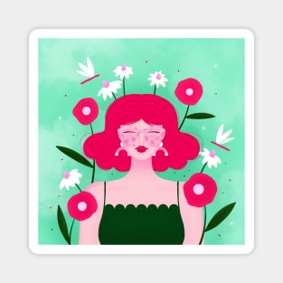 Happy girl with flowers and dragonflies, version 3 Magnet