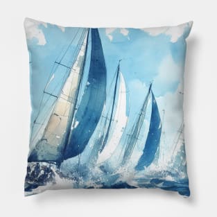 Artist illustration of sailboats racing, in blue hues Pillow