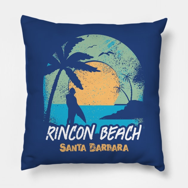 Retro Sunset Rincon Beach California Surfing // Retro Surfer Beach Pillow by Now Boarding