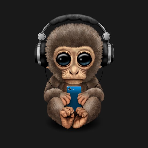 Cute Baby Monkey With Cell Phone Wearing Headphones by jeffbartels