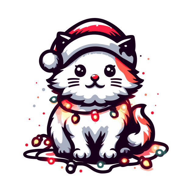 Cute Christmas Cat Santa Hat Christmas Lights Adorable by Francois Ringuette