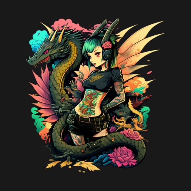 Retro Tattoo Cute Dragon Girl by Dragon Cove