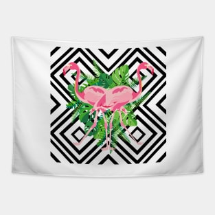 Hand drawn pink flamingo with tropical leaves in mirror image style on geometric background. Tapestry