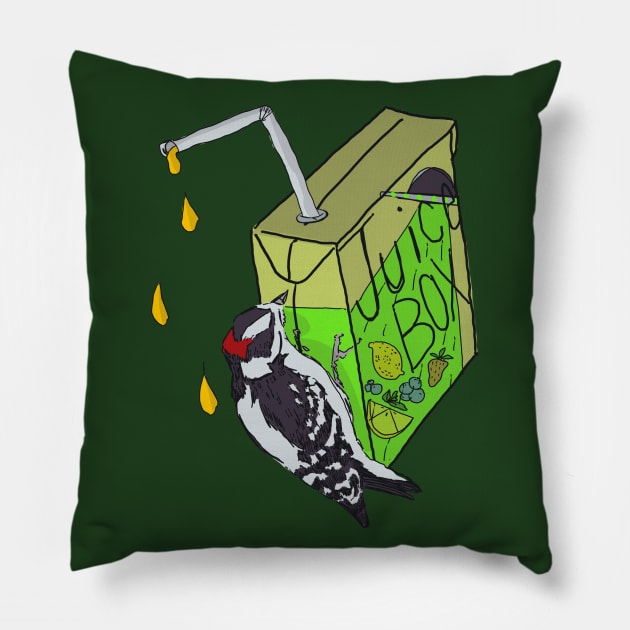 Juice Boxes and Downy Woodpeckers Pillow by Animal Surrealism