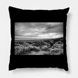 Mablethorpe Sand Dunes, Stormy skies, Black And White Pillow