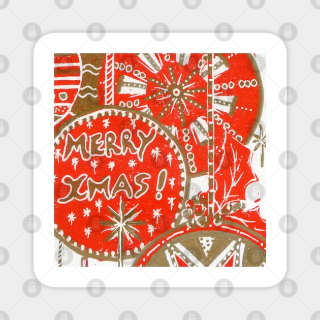 Xmas Baubles 25 Merry Xmas -  Gelli Plate Print and Ink Magnet by Heatherian