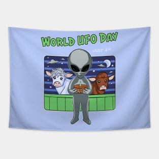 World UFO Day cute alien with cake and cows Tapestry