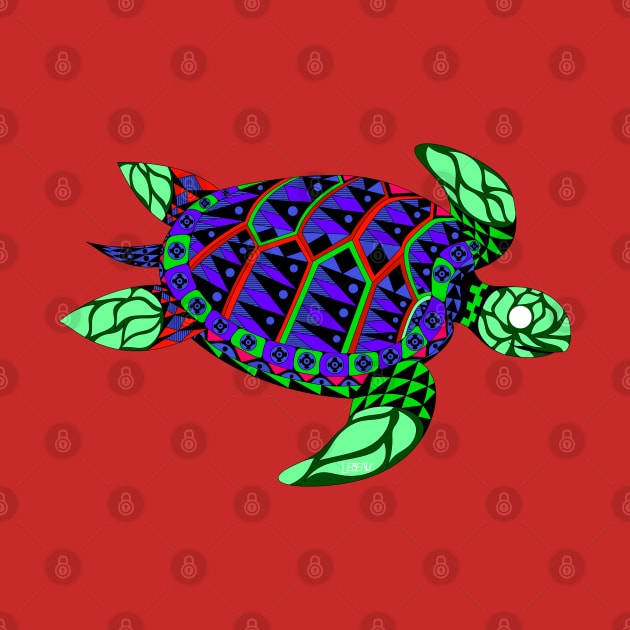 green radioactive sea turtle in ecopop mutant pattern from the floral caribbean art by jorge_lebeau