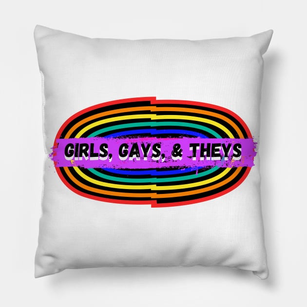 Girls, Gays, and Theys – Retro Oval Rainbow Pillow by KoreDemeter14