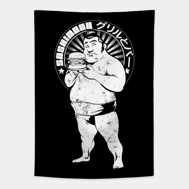 Sumo Wrestler Burger Grill Tapestry by Black Tee Inc