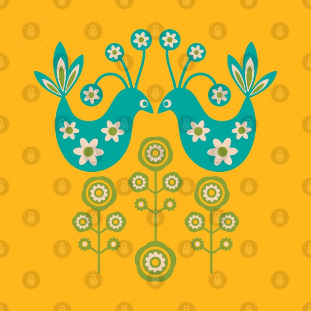 LOVE BIRDS Folk Art Mid-Century Modern Scandi Floral With Birds Flowers Feathers in Turquoise Cream Green Yellow - UnBlink Studio by Jackie Tahara by UnBlink Studio by Jackie Tahara