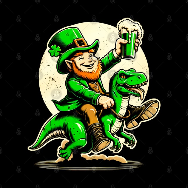 Irish Fantasy: Leprechaun Astride T-Rex Celebration Shirt for St. Patrick's by Klimek Prints