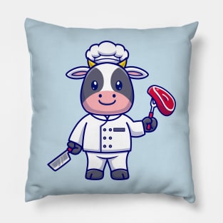 Cute Cow Chef Cooking Meat Cartoon Pillow