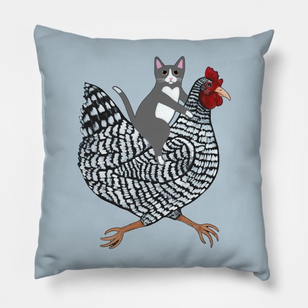 Grey Tuxedo Cat Chicken Ride! Pillow by KilkennyCat Art