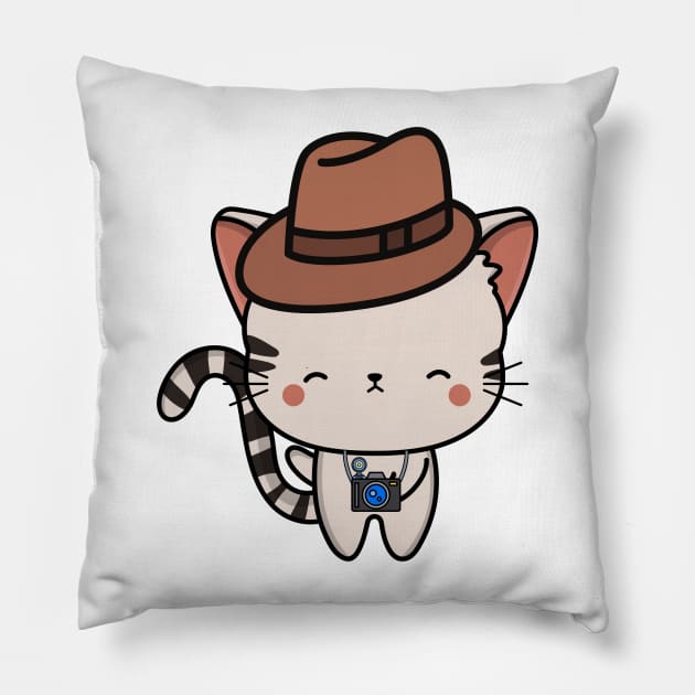 Funny Tabby cat is holding a camera Pillow by Pet Station