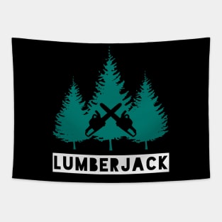 Lumberjack Pine Trees and Crossed Chainsaws Tapestry