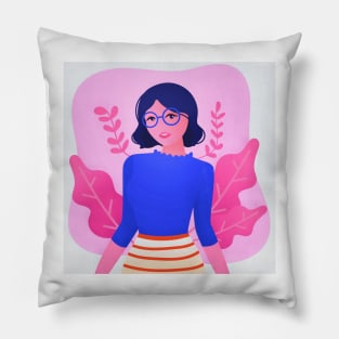 Girl with Wavy Hair and Glasses Pillow