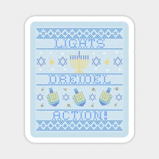 “Lights Dreidel Action!” Hanukkah Ugly Sweater Design Magnet