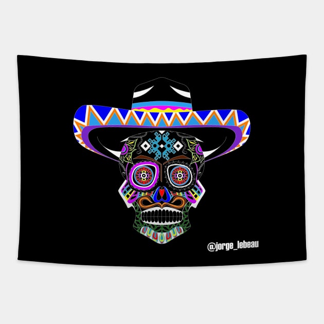 Mariachi charro skull ecopop in day of the dead Tapestry by jorge_lebeau