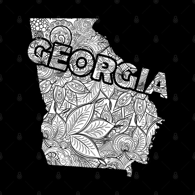 Mandala art map of Georgia with text in white by Happy Citizen