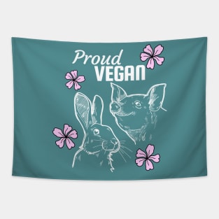 Proud vegan design featuring pig, rabbit and pink flowers Tapestry