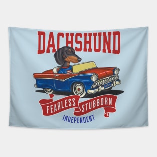 Funny and Cute Doxie Dachshund dog in a classic vintage retro car with red white and blue banner flags Tapestry