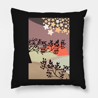 Quiet and peaceful night, cute owl snooze on the tree Pillow