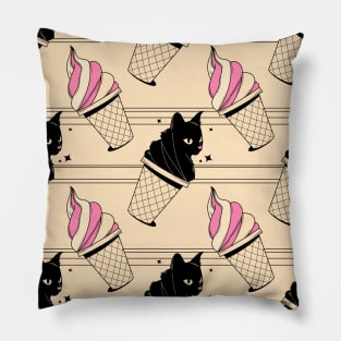 Ice Cream Black Cat Pattern in beige Pillow