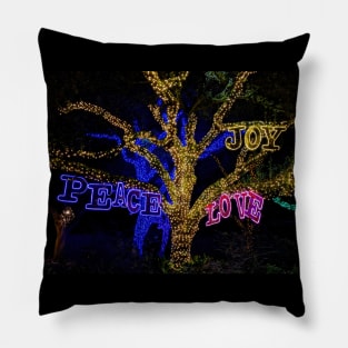 Peace, Joy, Love - night time photo of Texas holiday lights + live oak tree Pillow