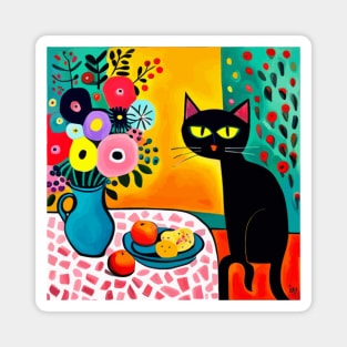 Still Life Painting with Black Cat and Flower Vase Magnet