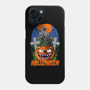 crow and halloween pumpkin head illustration Phone Case