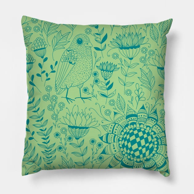 Bird and flowers doodle pattern green Pillow by katerinamk