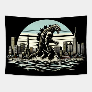 Vintage Godzilla Roars: Classic Sci-Fi Godzilla T-Shirt Design Tapestry