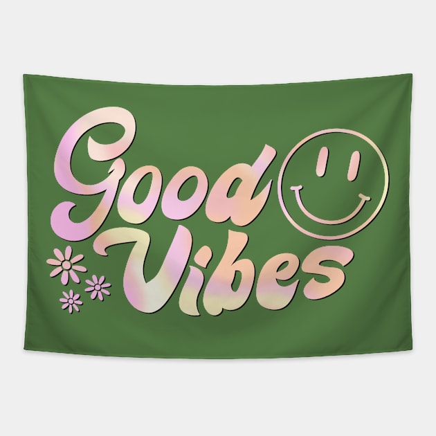 Groovy Vibes: 70s-inspired Art with Pink & Yellow Text and Smiley Face Tapestry by ShutterStudios