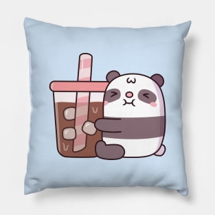 Cute Chubby Panda Bear Hugging Iced Coffee Pillow