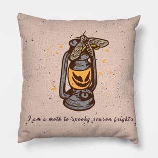 “I Am A Moth To Spooky Season Frights” Moth & Camping Jack o’ Lantern Pillow