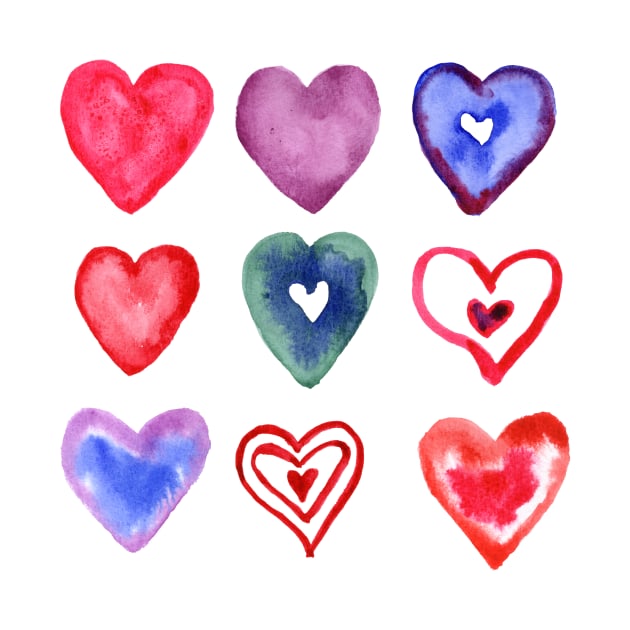 Light Multi colored watercolor hearts by JenPolegattoArt