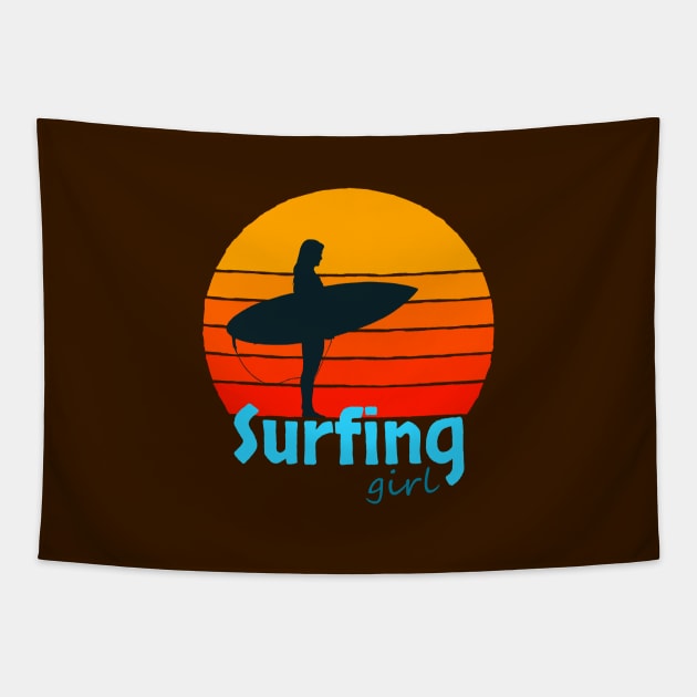 Surfing Girl Orange Sun Tapestry by AKdesign