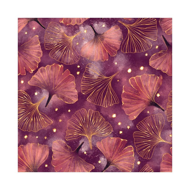 Watercolor Golden Ginko Leaves Dark Pink | Burgundy Red | Purple Pink pattern by RenattaZare