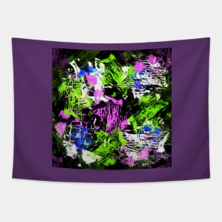 Purple, blue, green and white on black Tapestry
