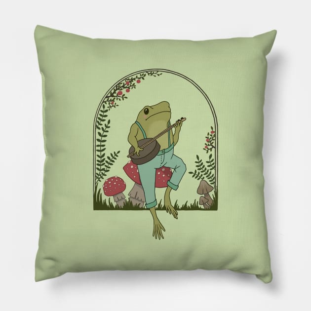 Cottagecore Aesthetic, Cute Frog Playing Banjo on Mushroom, Goblincore Mushroom Lover Pillow by Ministry Of Frogs