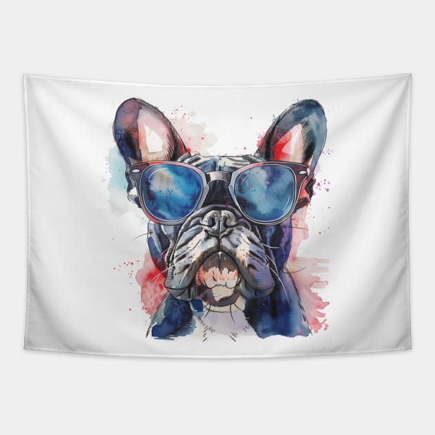 French Bulldog with Sunglasses (Watercolor) Tapestry by Wayward Purpose