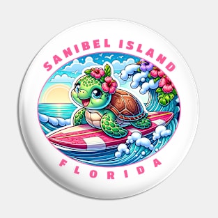 Sanibel Island Florida Girls Cute Surfing Sea Turtle Pin